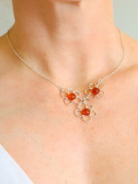 Baltic Amber Flower Necklace in Sterling Silver